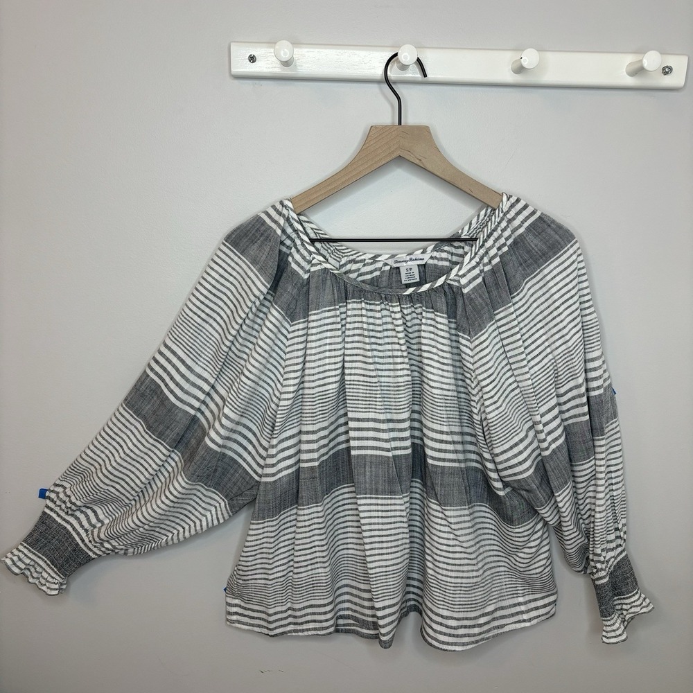 Tommy Bahama Small Blouse Gray White Striped Lucia Isle Shirt Top Coastal Flowy - Picture 5 of 9